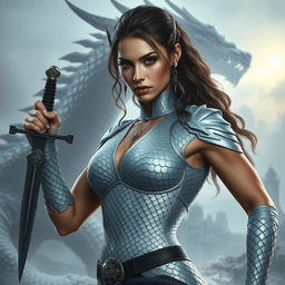 A tall and strong woman with a cold, shimmering silver dragon aesthetic, featuring intricate scales that catch the light