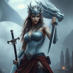 A tall and strong woman with a cold, shimmering silver dragon aesthetic, featuring intricate scales that catch the light