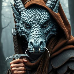 A majestic, cold silver dragon face with intricate scales seamlessly merging into the features of a tribal woman