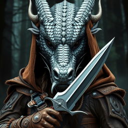 A majestic, cold silver dragon face with intricate scales seamlessly merging into the features of a tribal woman
