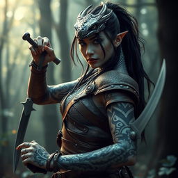 A stealth rogue woman with silver dragon-like skin, showcasing intricate tribal patterns across her body