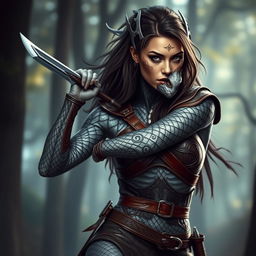 A stealth rogue woman with silver dragon-like skin, showcasing intricate tribal patterns across her body