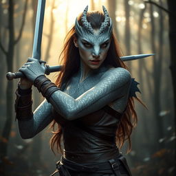 A stealth rogue woman with silver dragon-like skin, showcasing intricate tribal patterns across her body