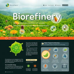 A vibrant and informative front page design showcasing the theme of biorefinery and the production of vacuoles from algae and protozoa