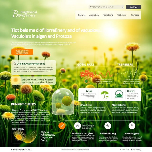 A vibrant and informative front page design showcasing the theme of biorefinery and the production of vacuoles from algae and protozoa