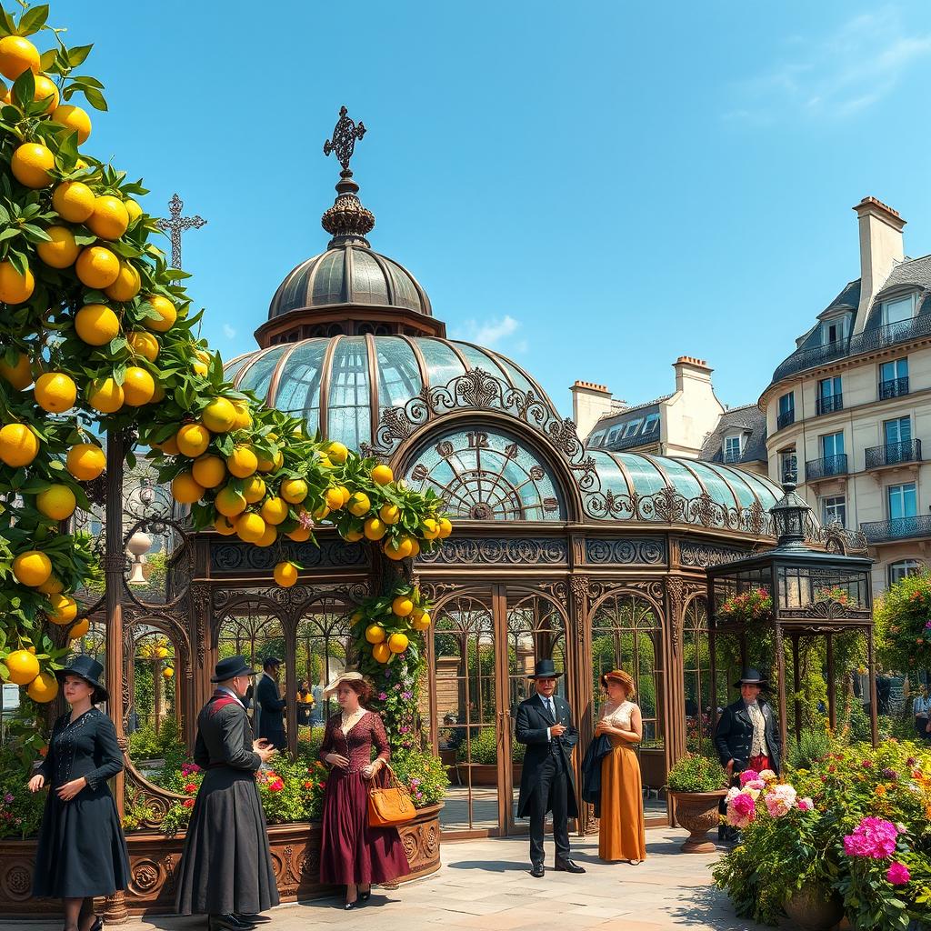 A beautifully designed art nouveau steampunk orangerie set in Paris, featuring intricate ironwork and glass architecture, adorned with lush green oranges and vibrant flowers