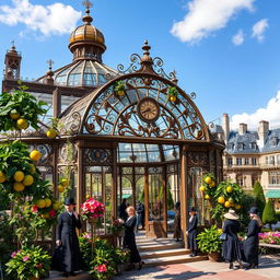 A beautifully designed art nouveau steampunk orangerie set in Paris, featuring intricate ironwork and glass architecture, adorned with lush green oranges and vibrant flowers
