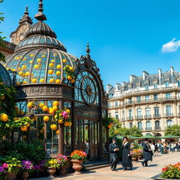 A beautifully designed art nouveau steampunk orangerie set in Paris, featuring intricate ironwork and glass architecture, adorned with lush green oranges and vibrant flowers