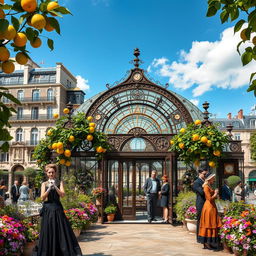 A beautifully designed art nouveau steampunk orangerie set in Paris, featuring intricate ironwork and glass architecture, adorned with lush green oranges and vibrant flowers