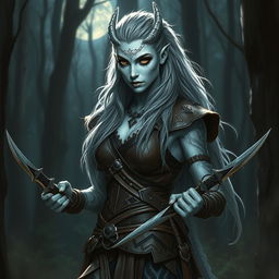 A stealthy rogue woman with striking silver skin, resembling a tribal white dragon