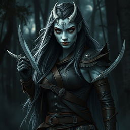 A stealthy rogue woman with striking silver skin, resembling a tribal white dragon