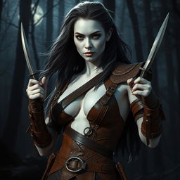 A stealthy rogue woman with striking silver skin, resembling a tribal white dragon