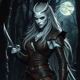 A stealthy rogue woman with striking silver skin, resembling a tribal white dragon