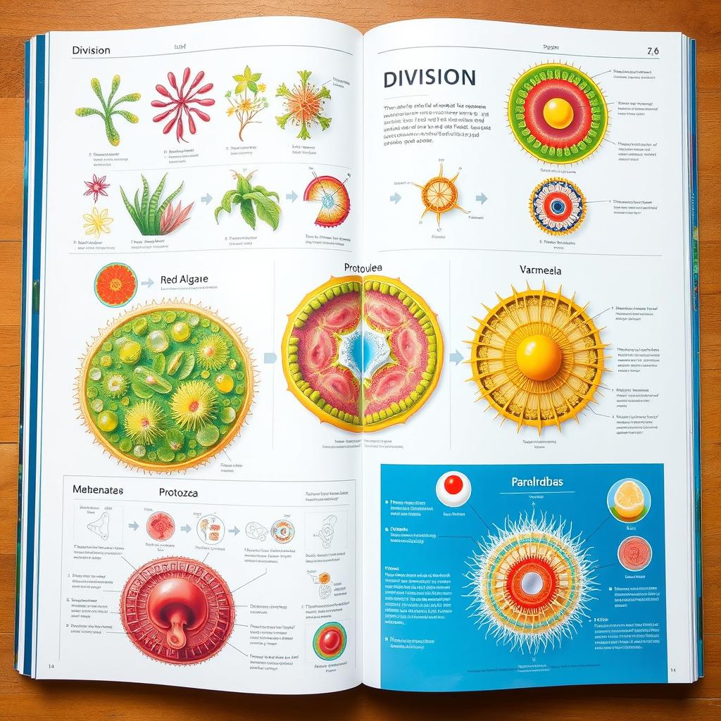 A detailed scientific front page illustrating the processes of division, gamete production, and vacuole production in algae and protozoa