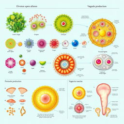A detailed scientific front page illustrating the processes of division, gamete production, and vacuole production in algae and protozoa
