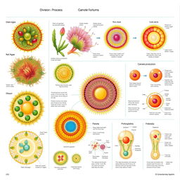 A detailed scientific front page illustrating the processes of division, gamete production, and vacuole production in algae and protozoa