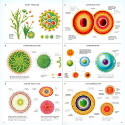 A detailed scientific front page illustrating the processes of division, gamete production, and vacuole production in algae and protozoa