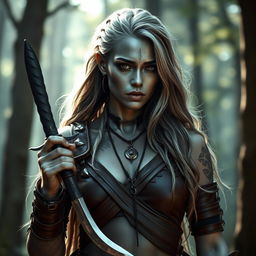 A rogue silver-skinned tribal woman, belonging to a secret society, features an elegant yet fierce appearance