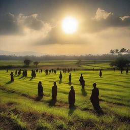 Capture a vast, flat expanse known as Padang Mahsyar depicting the resurrection of all humans