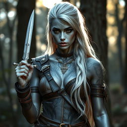 A rogue silver-skinned tribal woman, belonging to a secret society, features an elegant yet fierce appearance
