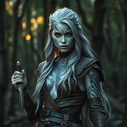 A rogue silver-skinned tribal woman, belonging to a secret society, features an elegant yet fierce appearance