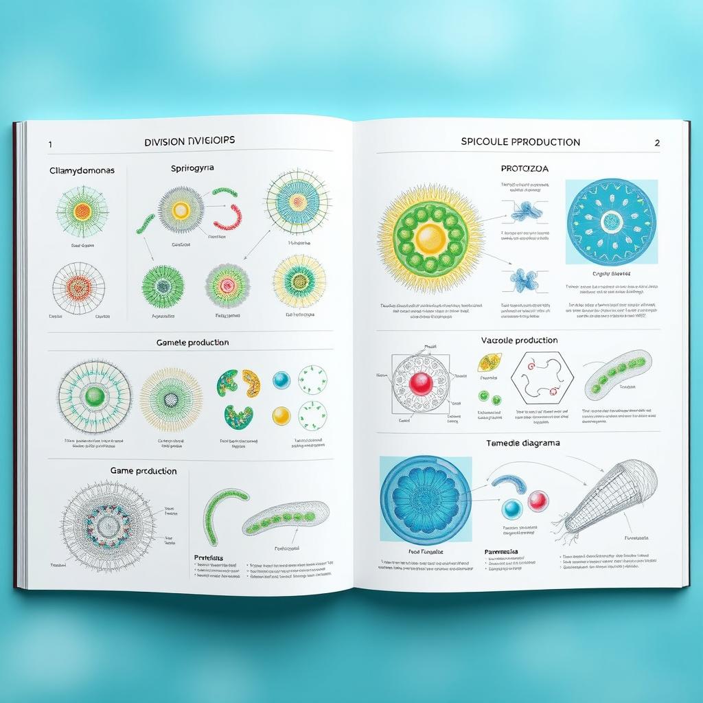 A visually striking front page showcasing the processes of division, gamete production, and vacuole production in microscopic algae and protozoa