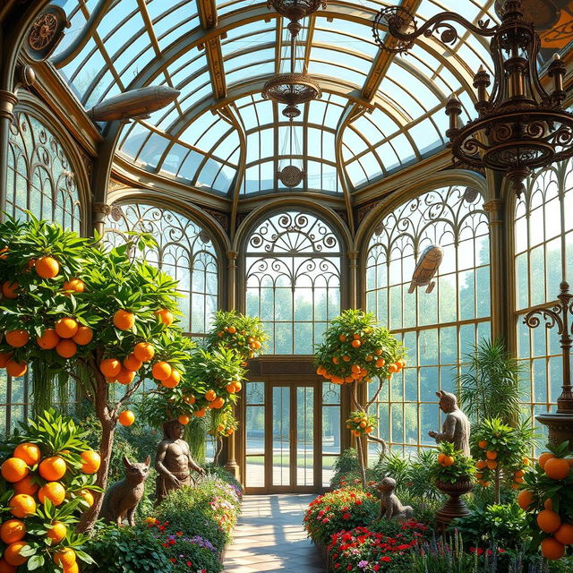 A stunning art nouveau steampunk fantasy version of an orangerie in Paris, featuring ornate metalwork, intricate glass panels, and lush greenery