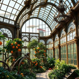 A stunning art nouveau steampunk fantasy version of an orangerie in Paris, featuring ornate metalwork, intricate glass panels, and lush greenery