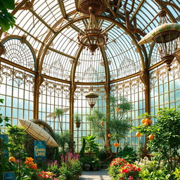 A stunning art nouveau steampunk fantasy version of an orangerie in Paris, featuring ornate metalwork, intricate glass panels, and lush greenery