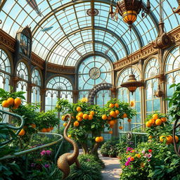 A stunning art nouveau steampunk fantasy version of an orangerie in Paris, featuring ornate metalwork, intricate glass panels, and lush greenery