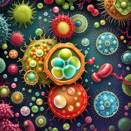 A detailed, vibrant illustration depicting microscopic algae and protozoa engaging in division and gamete production