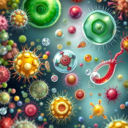 A detailed, vibrant illustration depicting microscopic algae and protozoa engaging in division and gamete production