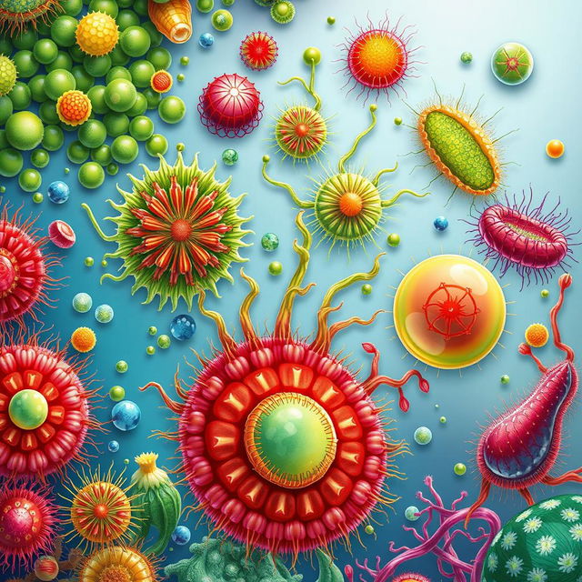 A detailed, vibrant illustration depicting microscopic algae and protozoa engaging in division and gamete production