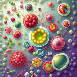 A detailed, vibrant illustration depicting microscopic algae and protozoa engaging in division and gamete production
