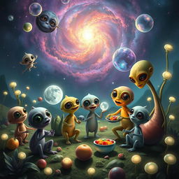 A vibrant and imaginative scene featuring a group of friendly aliens of various shapes and colors, gathered together on a lush, otherworldly landscape