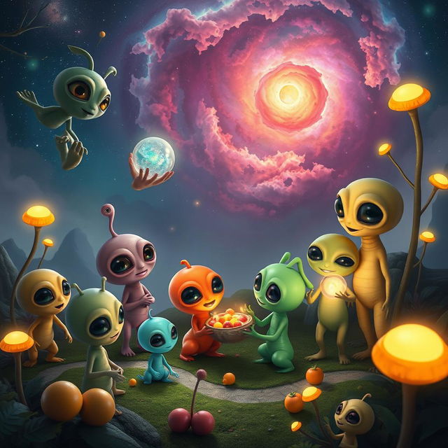 A vibrant and imaginative scene featuring a group of friendly aliens of various shapes and colors, gathered together on a lush, otherworldly landscape