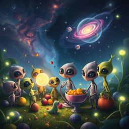 A vibrant and imaginative scene featuring a group of friendly aliens of various shapes and colors, gathered together on a lush, otherworldly landscape