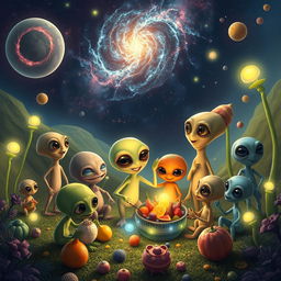 A vibrant and imaginative scene featuring a group of friendly aliens of various shapes and colors, gathered together on a lush, otherworldly landscape