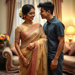 An Indian mother wearing a stunning transparent saree that elegantly drapes around her figure, showcasing intricate designs and vibrant colors