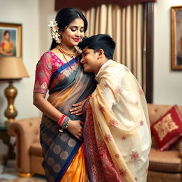 An Indian mother wearing a stunning transparent saree that elegantly drapes around her figure, showcasing intricate designs and vibrant colors