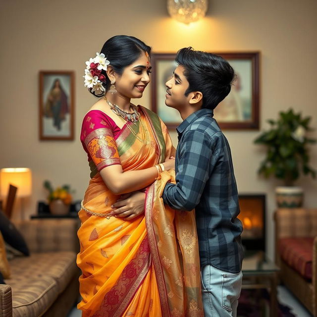 An Indian mother wearing a stunning transparent saree that elegantly drapes around her figure, showcasing intricate designs and vibrant colors