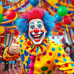 A joyful clown bursting with colors and joy, depicted in a vibrant and energetic style