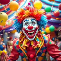 A joyful clown bursting with colors and joy, depicted in a vibrant and energetic style