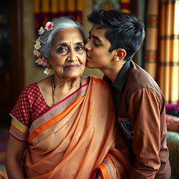 An elderly Indian woman wearing a beautiful, transparent saree that subtly reveals intricate patterns underneath, adorned with jasmine flowers beautifully woven into her hair
