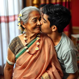 An elderly Indian woman wearing a beautiful, transparent saree that subtly reveals intricate patterns underneath, adorned with jasmine flowers beautifully woven into her hair