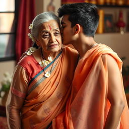 An elderly Indian woman wearing a beautiful, transparent saree that subtly reveals intricate patterns underneath, adorned with jasmine flowers beautifully woven into her hair