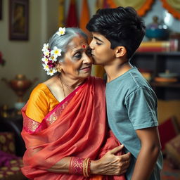 An elderly Indian woman wearing a beautiful, transparent saree that subtly reveals intricate patterns underneath, adorned with jasmine flowers beautifully woven into her hair