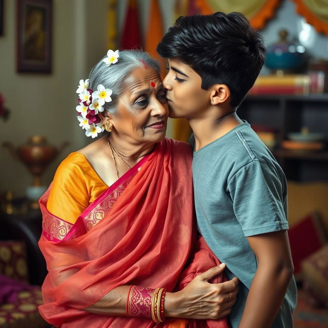 An elderly Indian woman wearing a beautiful, transparent saree that subtly reveals intricate patterns underneath, adorned with jasmine flowers beautifully woven into her hair