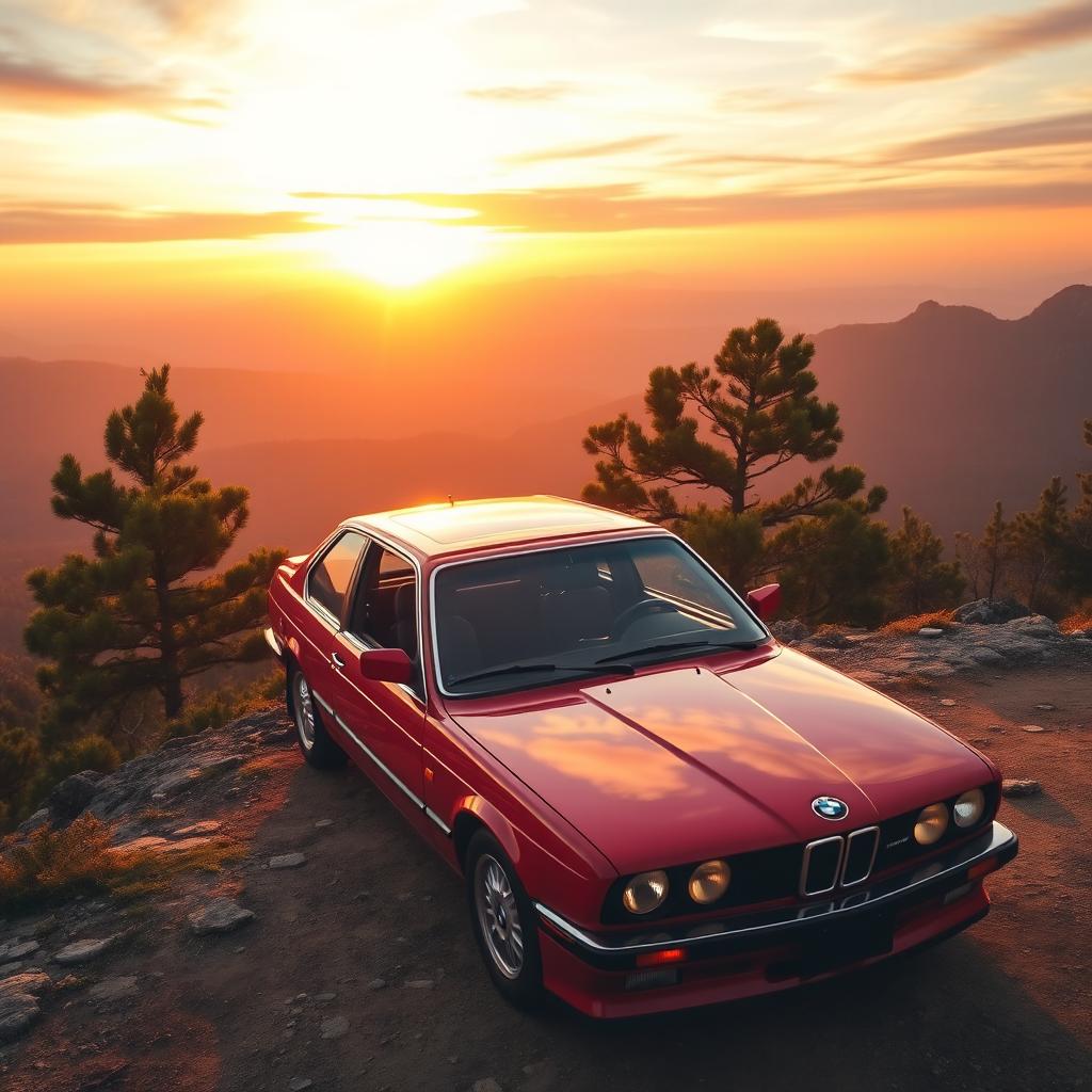 A striking BMW E24, the classic sports car from the 1980s, parked on a scenic mountain overlook during sunset