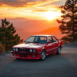 A striking BMW E24, the classic sports car from the 1980s, parked on a scenic mountain overlook during sunset